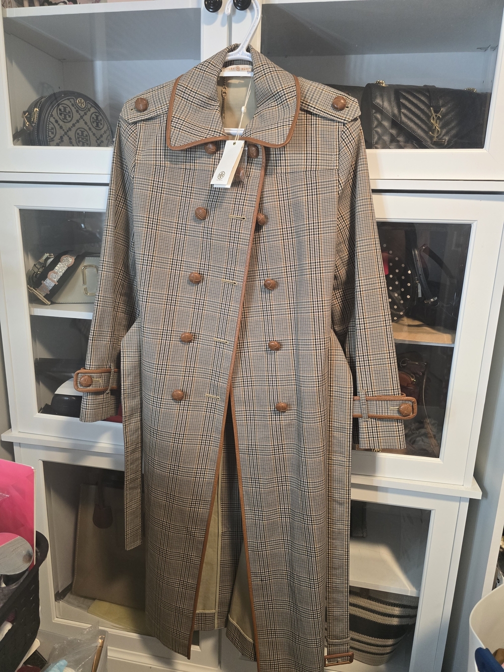 Tory Burch Plaid Double-Breasted Trench Coat with Brown Trim